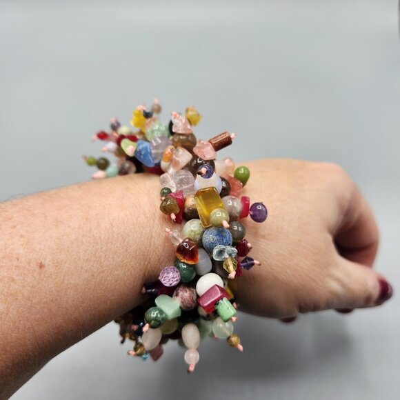 Multicolor Gemstone Bracelet Cluster Chunky Beaded Color Burst Stretchy - Picture 6 of 11
